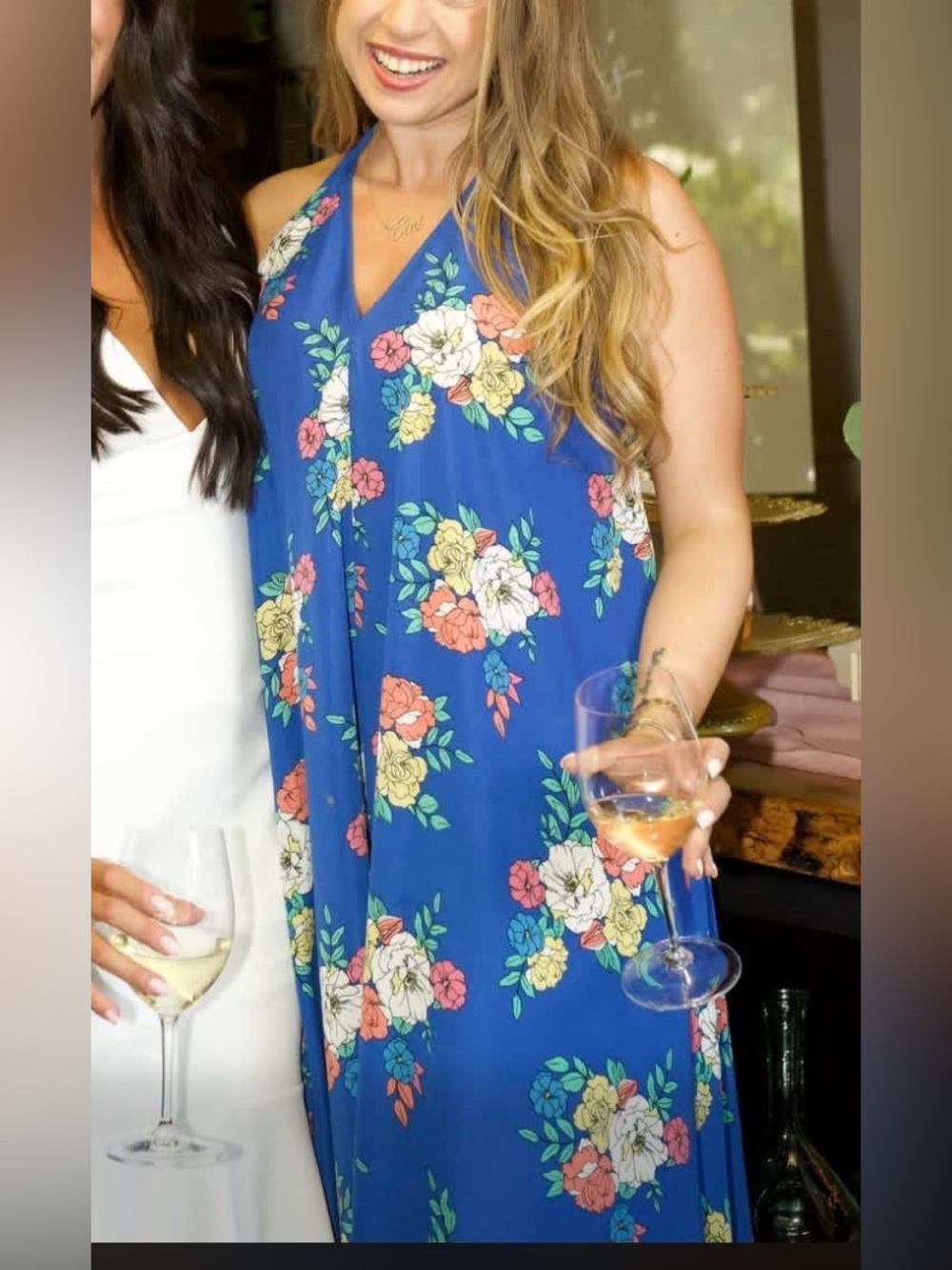 Blue Floral Halter Maxi Dress with Tassel Tie